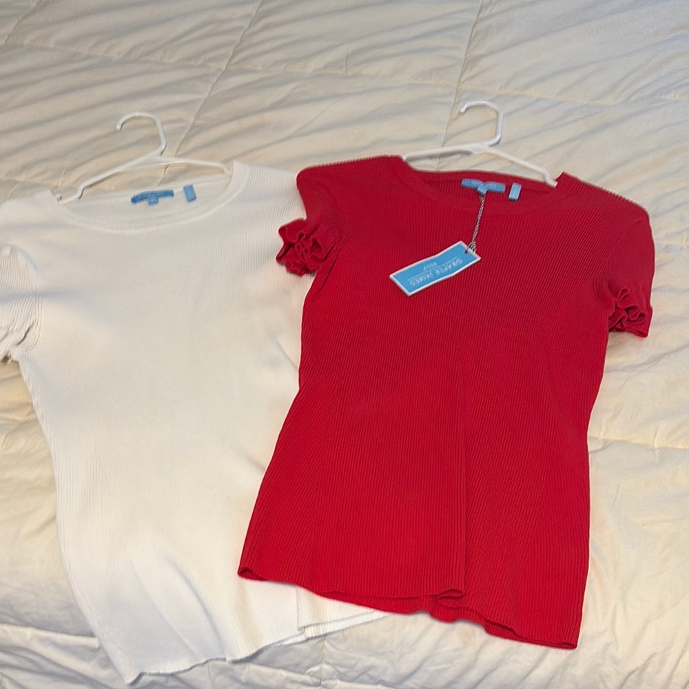 2 Draper James short sleeved ribbed shirts. Red and white. Large. Ruffle sleeves